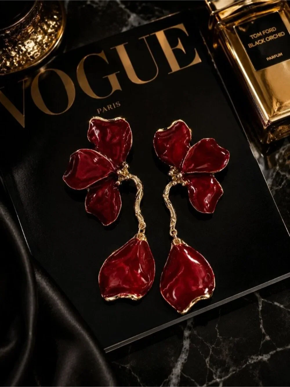 Ruby Red Floral Statement Earrings | Gold Tone Designer-Inspired Drop Earrings